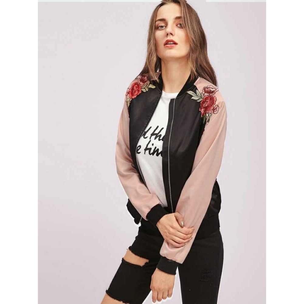 SHEIN Floral Embroidery Satin Bomber Jacket